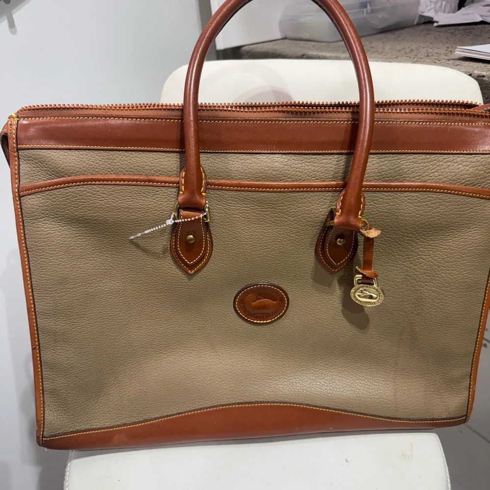 Dooney & Bourke Tan and Brown Leather-Trim Laptop Bag